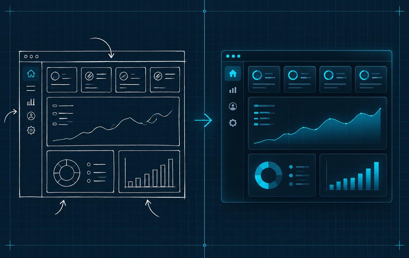 A hand-drawn dashboard wireframe next to the same layout rendered as a polished user interface